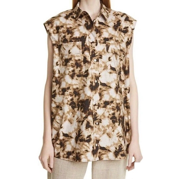 New SAMSOE SAMSOE Oversized Sleeveless Button Down Shirt Camo Clay Size XXS - Picture 1 of 16